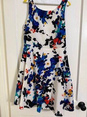 Betsey Johnson White Floral Fit-and-Flare Dress with Blue, Black & Red Accents